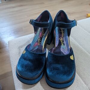 Irregular Choice Teal Velvet Heels with Gold Heart